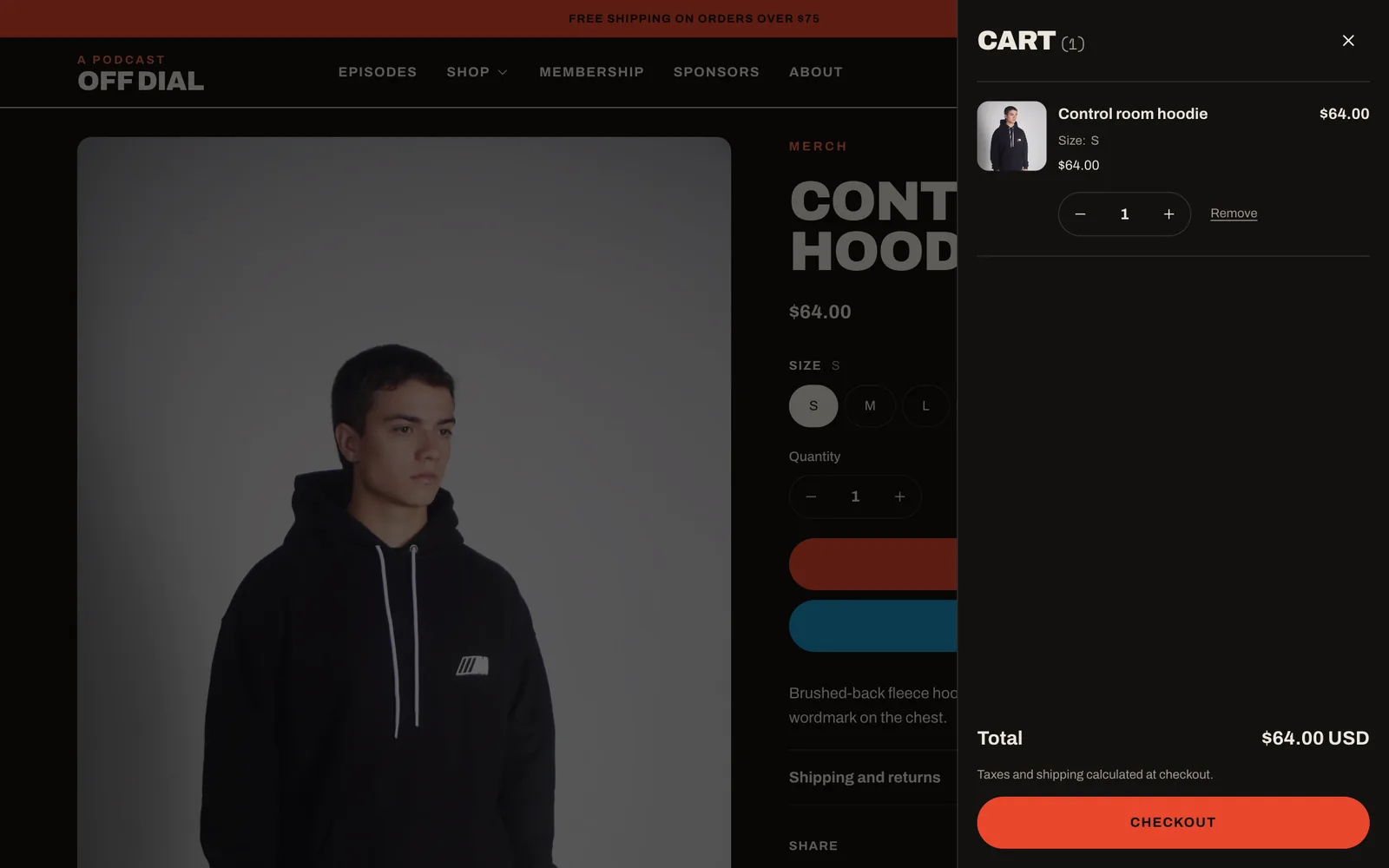 Cart drawer open over a product page, with a hoodie in the cart.