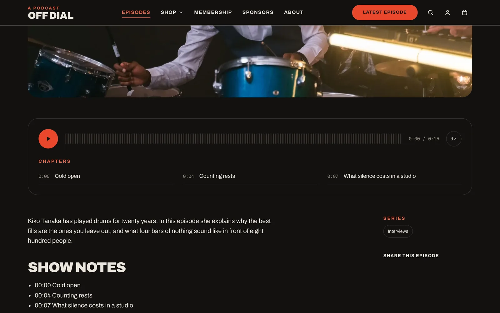 Episode page with the player and chapter list.