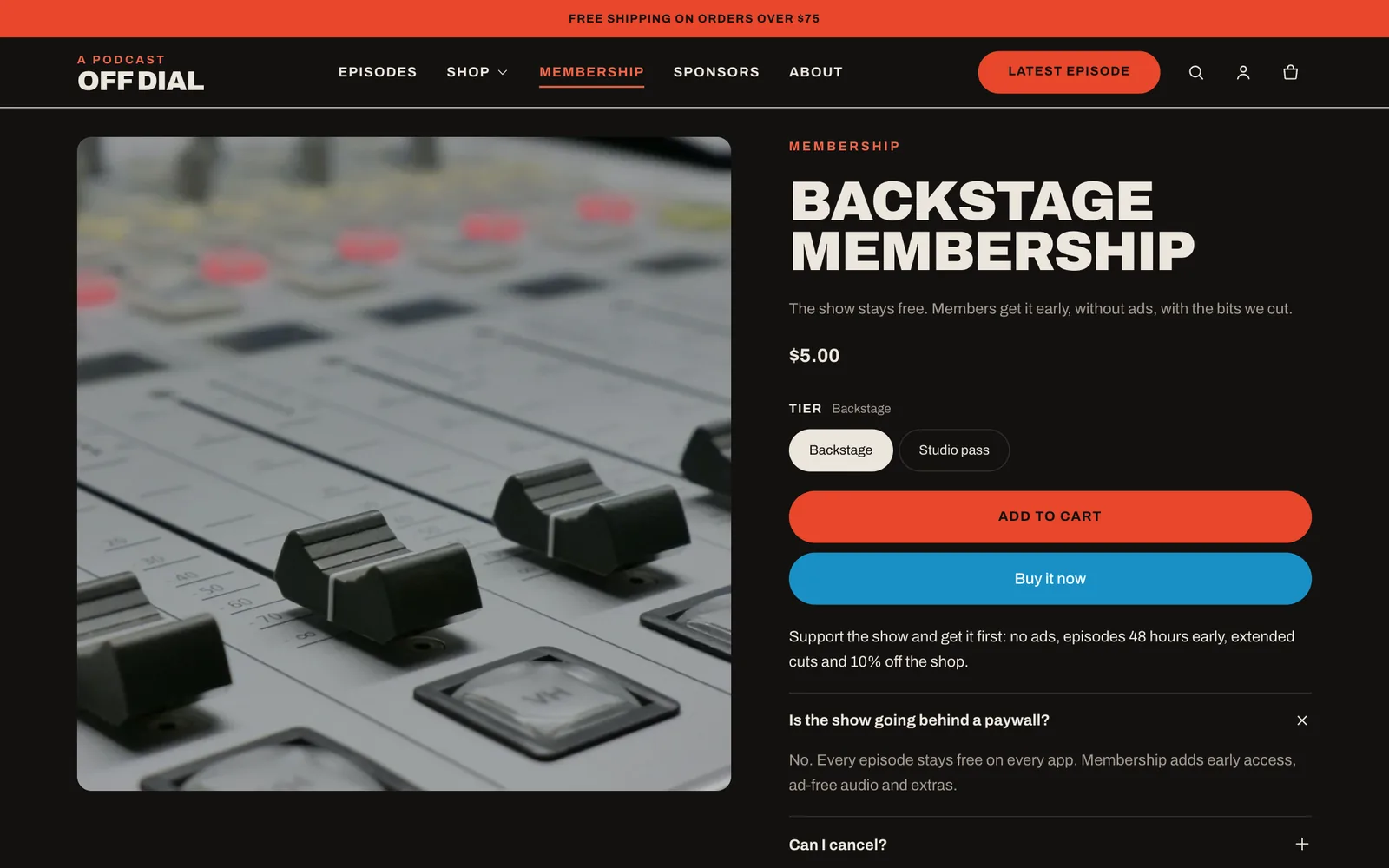 Backstage membership product page with tier buttons.