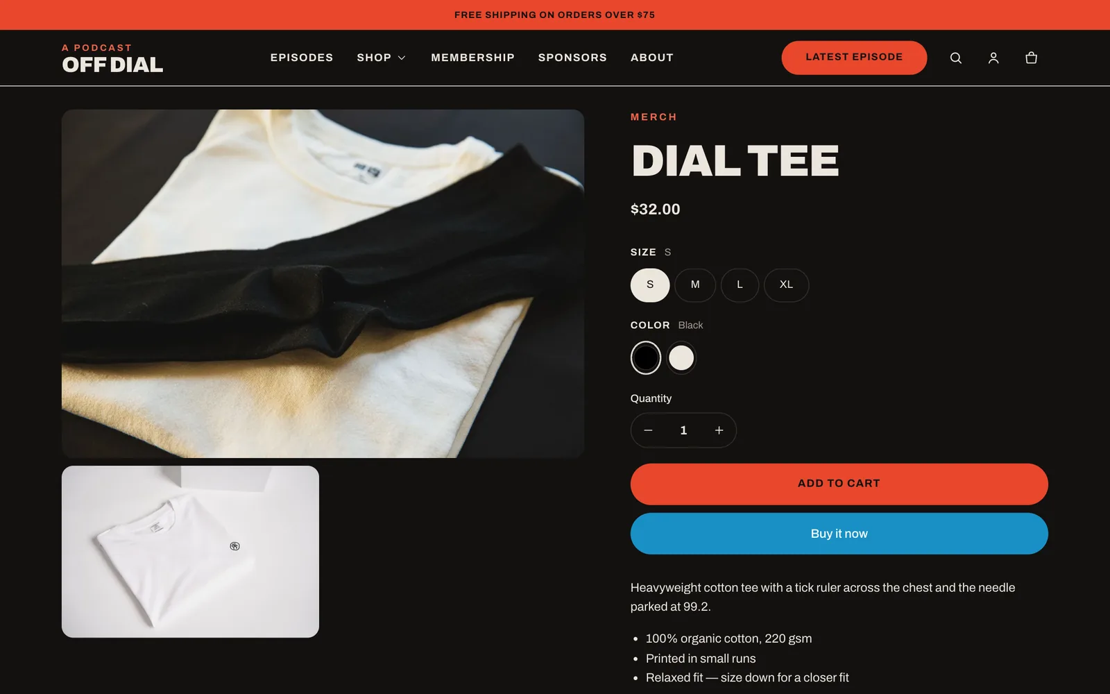 Product page for the Dial tee with size buttons and color swatches.
