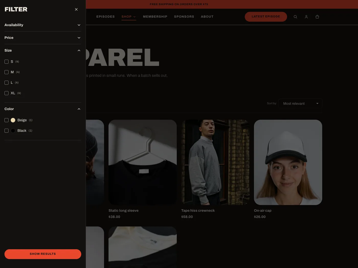 Apparel collection with the filter drawer open, showing size and color filters.