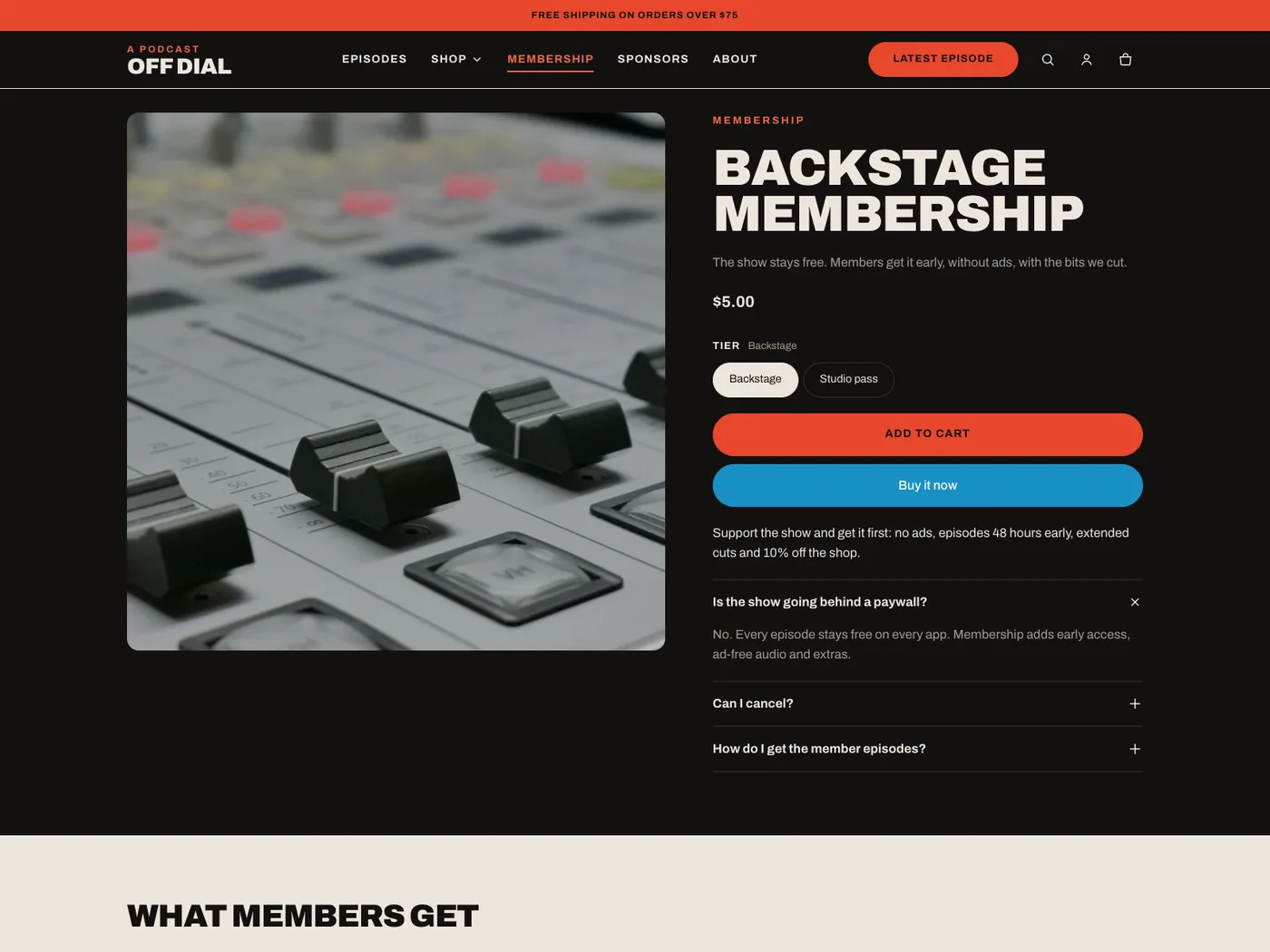 Membership product page with two tiers, a perks list and a frequently asked questions section.